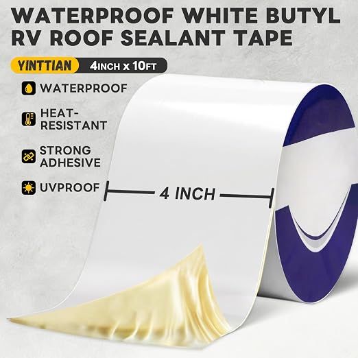 Waterproof White Butyl RV Roof Sealant Tape 4" x10', 40 mil Thick Patch | Reinforced Long-Lasting Repair Leaks, Heat/Weather Resistant for RVs, Roofs, Window, Boats, Vinyl Siding, Gutters, Walls