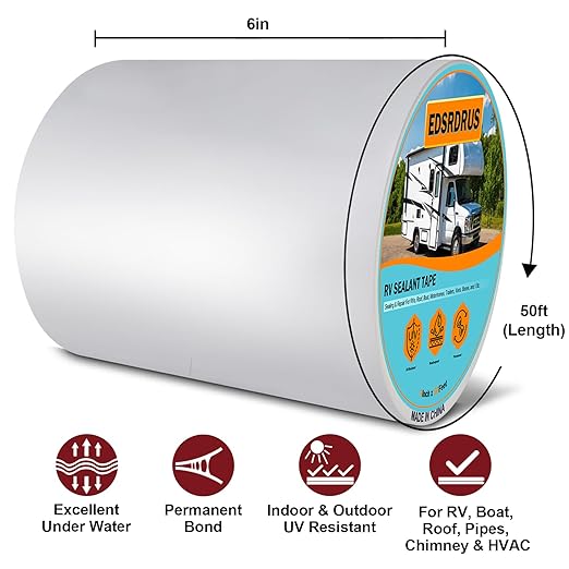 EDSRDRUS RV Roof Tape, Heavy-Duty Adhesive Butyl Seal Tape Waterproof UV-Resistant for RV Repair, RV Sealant Tape for Boat, Camper Roof Leaks (White, 6inch*50ft)