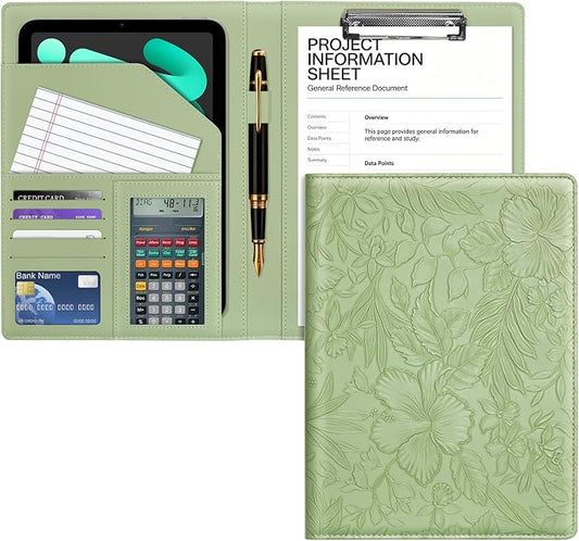Professional Padfolio with Clipboard, Embossed Faux Leather Portfolio Folder Binder, Legal Pad Holder for A4 Letter Size Notepad, Resume, Organizer for Business Conference for Women Men, Green