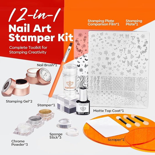 modelones 16 PCS Gel Nail Stamping Plate Set, French Tip Tool Gold Silver Pearl Chrome Powder Proof Matte Top Coat White Black Painting Gel Polish Double Head Nail Art Brush DIY Manicure Gift Kit