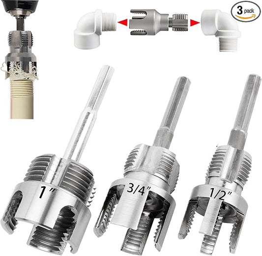 PVC Pipe Threader Kit, 3 Piece Set, 1/2", 3/4", 1" NPT, Internal and External Threading, Compatible with Electric Drill for PVC, PPR, MPP Pipes (1/2in+3/in+ 1in)