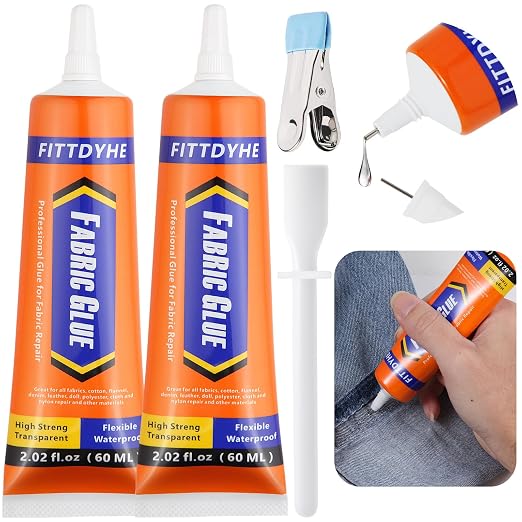 2 Pack Fabric Glue Permanent, 60ML/2.02oz Washable Clear Clothing Glue, Super Fabric Adhesive for Rhinestones, Patches, Clothes, Denim, Leather, Polyester, Fabrics, Doll Repair, Flannel, Cotton