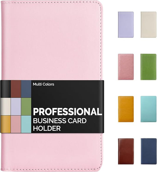 Sooez Leather Professional Business Card Book Holder Organizer, 240 Capacity Credit Card Booklet, PU Name Cards Holder Storage File for Men Women, 7.7"x 4.5" x 0.7", Light Pink