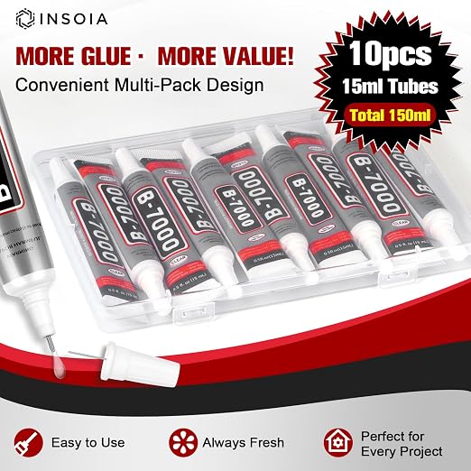 10 PCS 15ml B7000 Rhinestone Glue Clear – Super Glues for Bedazzling with Precision Tip, Quick Dry No Trace Flexible Adhesive for Jewelry Making, Nail Art, Fabric, Shoe, DIY Craft & Phone Repair
