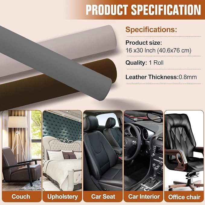 ILOFRI 16x30'' Self Adhesive Leather Repair Patch Tape, Vinyl and Leather Repair Kit for Couches, Furniture, Car Seat, Boat Seat, Sofa, Vinyl Upholstery, Chair, Interior (Dark Brown #2)