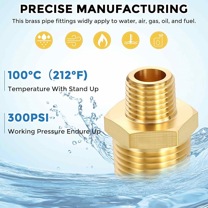 Pack of 12, 1/2" MNPT To 1/2" MNPT Solid Brass Hex Nipple Hose Connectors W/Sealing Tapes, Male Pipe Adapter for Pipe Leak Repair, Bathroom Remodeling, Tool Extension, Compression