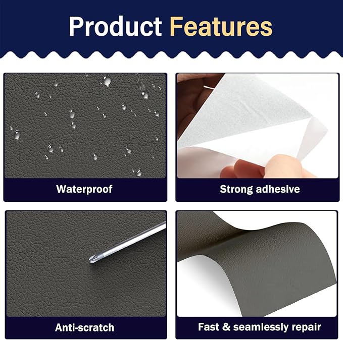 Zenyao Leather Repair Patch Tape - Self Adhesive Leather Repair Kit for Car Seat Furniture, Heavy Duty Vinyl Repair Patch for Couch Sofa, Waterproof Fix for Tears, 12x30 Inch Roll, Dark Grey