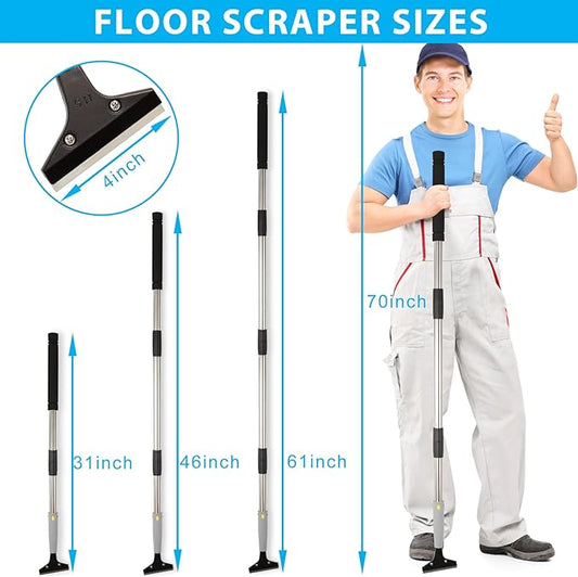 Floor Scraper, 31" to 61" Scraper Tool Long Handle with 4-inch Razor Blade Stainless Steel Material Adjustable Cleaning Glass Wall Gum Paint Tile Glue Linoleum Carpet Sturdy Durable