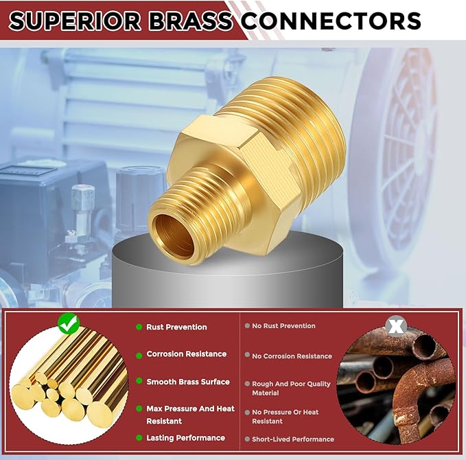 Pack of 1, 3/8" NPT Male to 1/8" NPT Male Solid Brass Hex Nipple Hose Connectors, Male Pipe Adapter for Pipe Leak Repair, Bathroom Remodeling, Tool Extensions, Compression