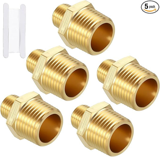 Pack of 5, 1/2" MNPT To 1/4" MNPT Solid Brass Hex Nipple Hose Connectors W/Sealing Tapes, Male Pipe Adapter for Pipe Leak Repair, Bathroom Remodeling, Tool Extension, Compression