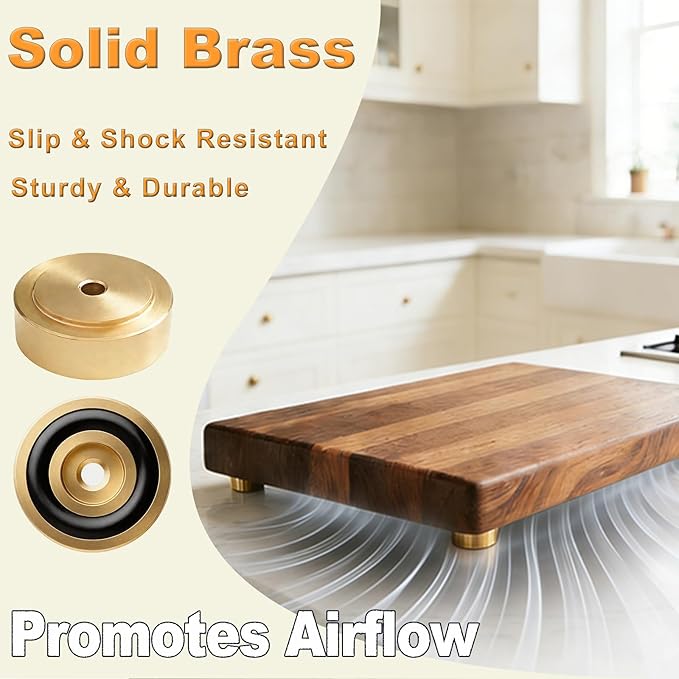 Solid Brass Cutting Board Feet, 4 Pcs with Non-Slip Pads & Screws – for Secure Grip and Surface Protection on Butcher Block, Kitchen Island, Table, Cabinet (1.18X0.4 in)