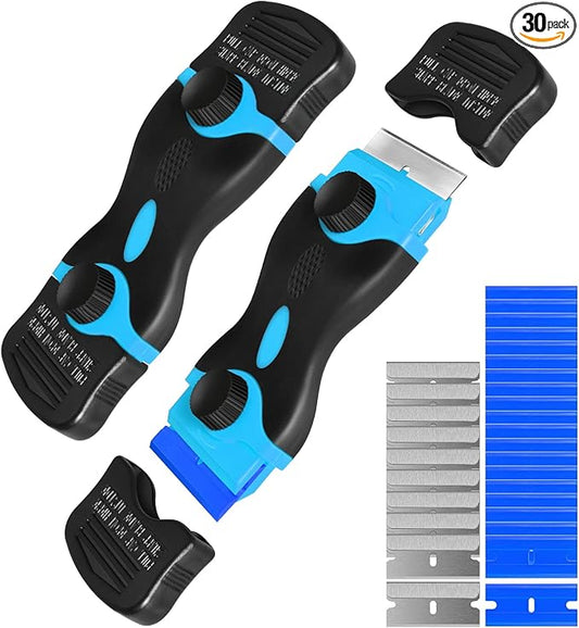 Razor Blade Scraper, Double Edge Razor Scraper Remover Tool with 30 Pcs Razor Blades for Labels Stickers Decals Removal Auto Window Tint Vinyl Tool Application (Blue)