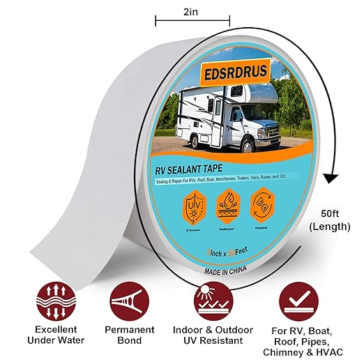 EDSRDRUS RV Roof Tape, Heavy-Duty Adhesive Butyl Seal Tape Waterproof UV-Resistant for RV Repair, RV Sealant Tape for Boat, Camper Roof Leaks (White, 2inch*50ft)