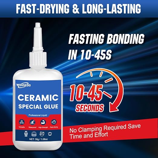 WOUSEDO Ceramic Glue 2 x 30g, Waterproof & Heat-Resistant Instant Adhesive | High-Strength & Clear, Fast Curing Super Glue for Porcelain, Clay Pots, Figurine, Pottery, Dishes Repair, DIY Crafts.