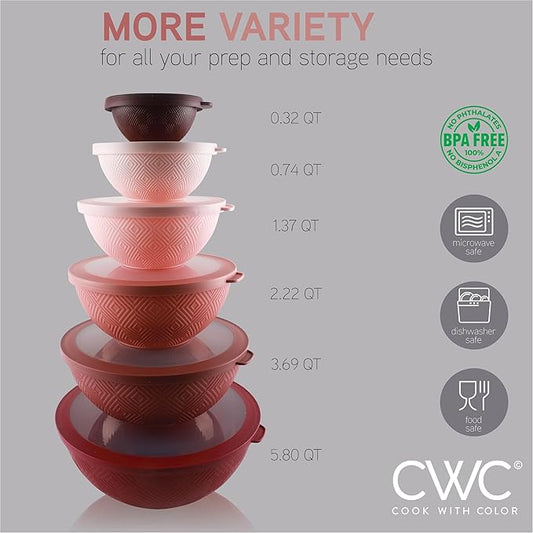 COOK WITH COLOR Mixing Bowls with Lids - 12 Piece Plastic Nesting Bowls Set includes 6 Prep Bowls and 6 Lids, Microwave Safe Mixing Bowl Set, Rose Rhombus