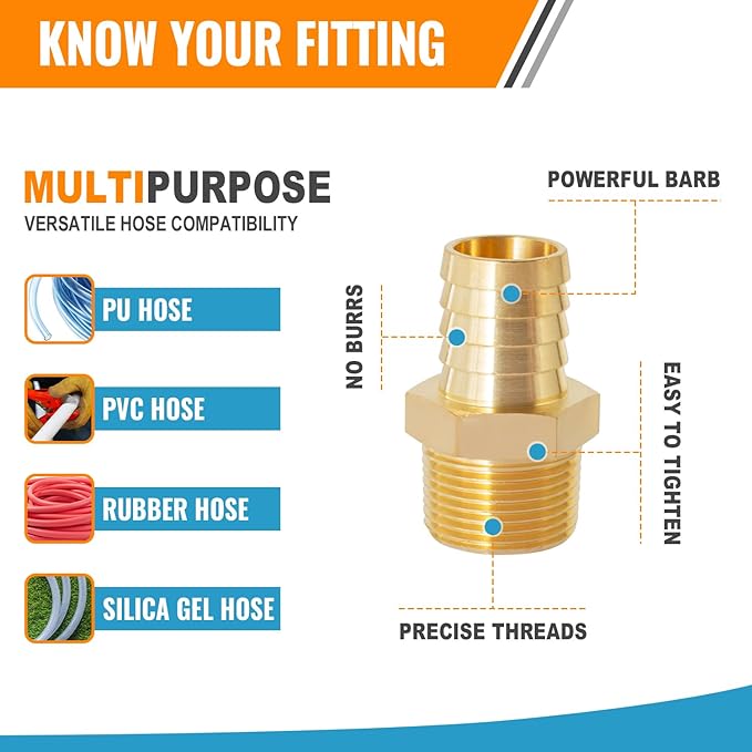 SUNGATOR Hose Barb Fittings 5/16 Inch Barb × 3/8 Inch NPT, Brass Air Hose Fittings, 5/16" to 3/8" NPT Male Air Line Repair Connector Kit, Brass Male Thread Pipe Adapter (2 Pack)