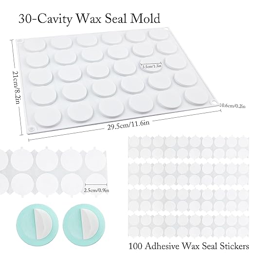 Wax Seal Mold Kit, Silicone Mat for Wax Seal Stamp, 100 Pcs Double Sided Adhesive Wax Seal Stickers and 30 Cavity Cylinder Wax Seal Mold