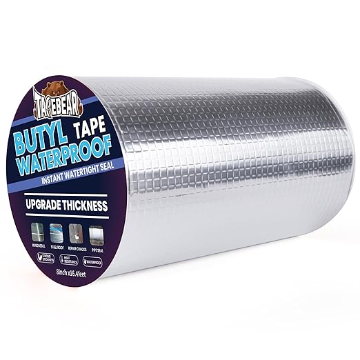 TAPEBEAR Extra Thicker Butyl Tape Waterproof 8inch x16feet, 51mil Aluminum Butyl Sealant Tape, Duct Sealing Adhesive for RV Roof Repair, Boat and Pipe Sealing, Metal, Glass & EDPM Roof Leak Patching