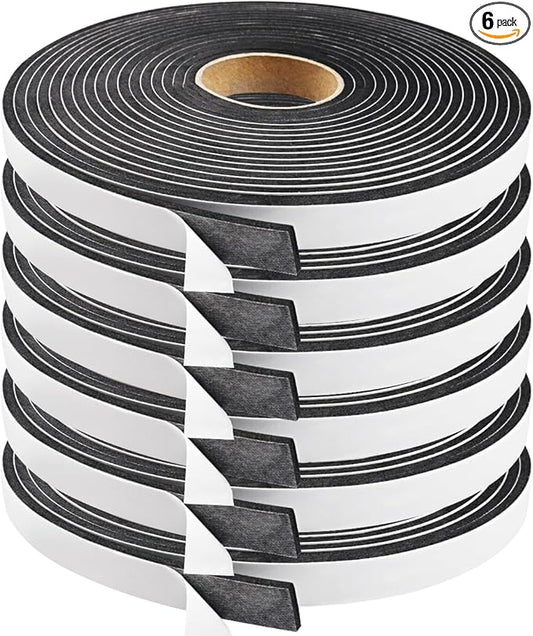 Seal Foam Tape,1/2 Inch W x 1/8 Inch T Weather Stripping for Door and Window,High Density Single Sided Closed Cell Door Insulation Weather Strip, 6 Rolls Total 98FT Black