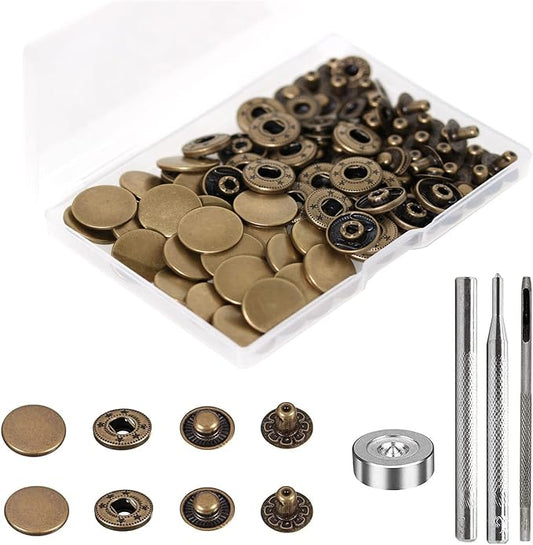 BetterJonny 24 Sets Heavy Duty Leather Snap Fasteners Kit, 17mm Metal Snap Buttons Press Studs Leather Rivets Snaps with 4 Setter Tools for Clothes Bracelet Jackets Jeans (Antique Brass)