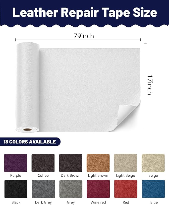 BOUYEER Leather Repair Patch Tape Kit,Self Adhesive Leather Repair for Sofa，Car Seat,Office Chair,Furniture,Jacket,Waterproof Strong Adhesive Vinyl Repair Kit. 17 in x 79 in,White