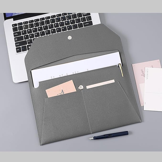 PU Leather A4 File Folder Document Holder with 3 Pockets Waterproof Stylish Envelope Folder Case with Snap Closure (Gray)
