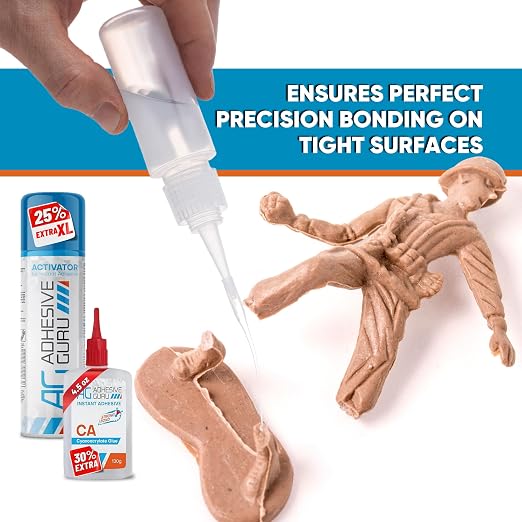Adhesive Guru CA Glue with Activator Kit (4x4.5 oz + 2x16.9 fl.oz) Professional Cyanoacrylate Adhesive and Super Glue Accelerator for Woodworking with Extra Caps&Microtips, DIY&Craft, Plastic, Repair