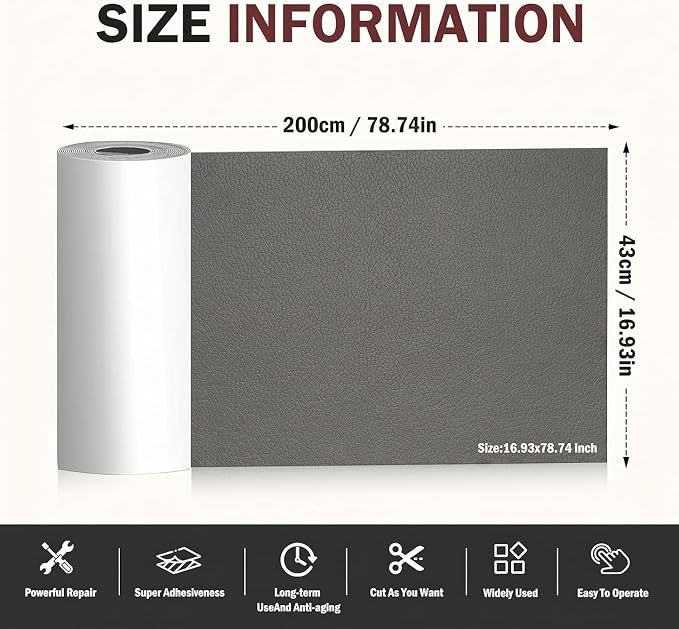 Leather Repair Patch, 17 x 79 Inch, Self Adhesive Leather Repair Tape, Large Vinyl Patch Kit, Vinyl Repair Tape, for Couches, Car Seats, Chairs, Furniture (Dark Grey)
