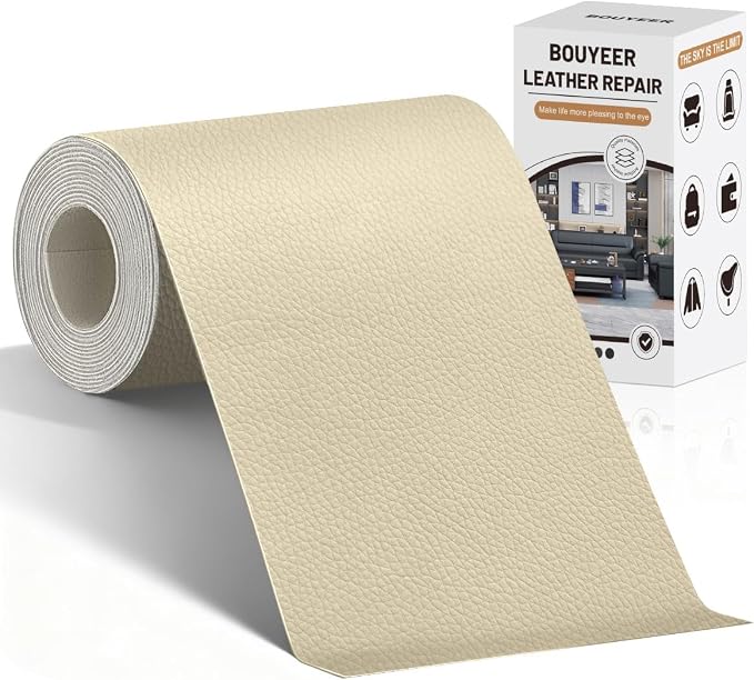 BOUYEER Leather Repair Patch Tape Kit,Self Adhesive Leather Repair for Sofa，Car Seat,Office Chair,Furniture,Jacket,Waterproof Strong Adhesive Vinyl Repair Kit. 4 in x 79 in,Beige