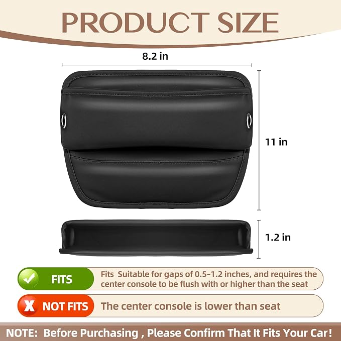 Car Seat Gap Filler with Cable Holes PU Leather Brown 1-Pack | Car seat gap filler for 0.5 to 1.2 inch gaps with cable routing holes anti slip padded base phone wallet keys PU leather