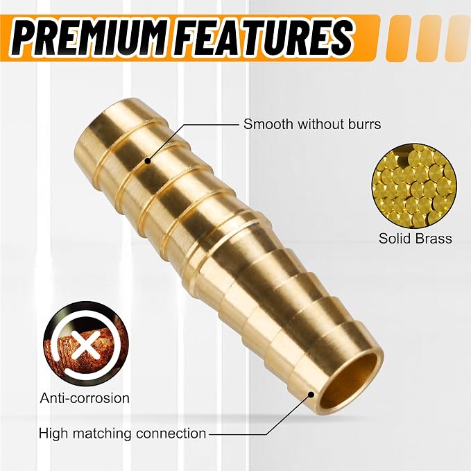 26PCS Brass Hose Barb Fitting,Barb Splicer Mender Hose Fittings 3/16" 1/4" 5/16" 3/8" 1/2" 5/8" with 52Pcs Stainless Steel Pipe Hose Clamps for Air/Fuel/Water/Oil Hose