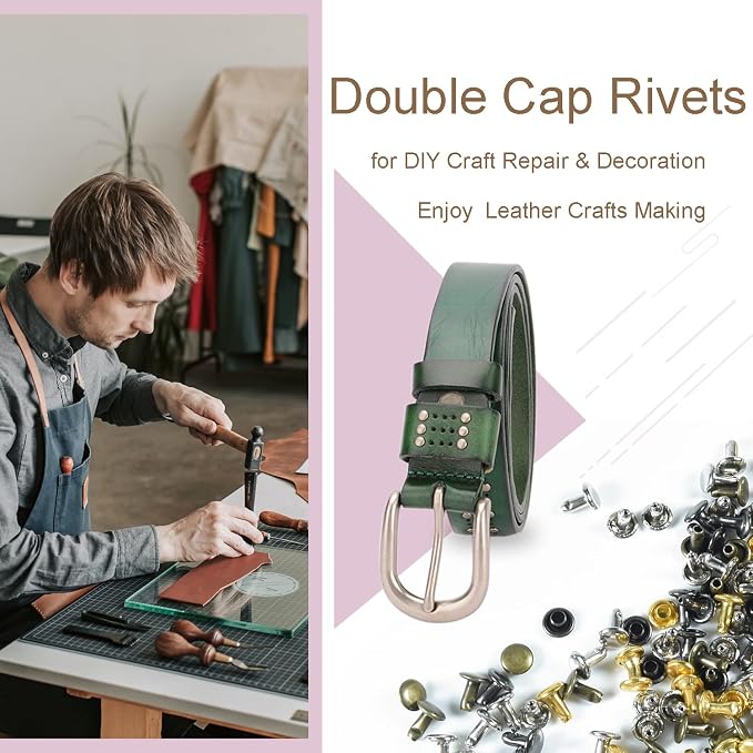 400Sets Rivets for Leather, 6mm Double Round Cap Rivets, Leather Rivets Tubular Studs Spike for Purse Strap Key Rings Clothing Fabric Pets Collar Repair Hardware (4 Color)