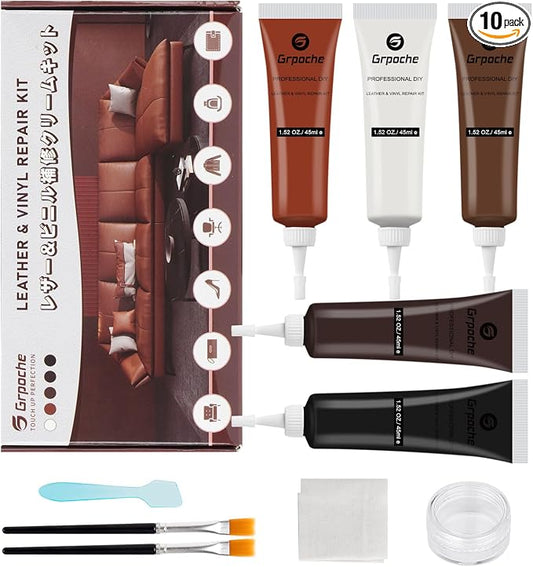 Brown Leather Repair Kit for Furniture, Leather Couch Repair Kit for Car Interior, Car Seats, Sofa, Jacket and Purse, Vinyl Repair Kit with Color Matching Guide, Restores Artificial, Genuine Pleather