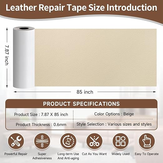 Leather Repair Tape, self-Adhesive Leather Repair Patch, for car seat Repair, Suitable for Sofas, Furniture, Seats, Strong Adhesive Leather Repair Tape (Beige, 7.87x 85in)