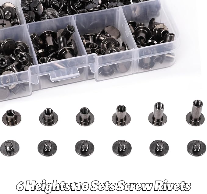 110 Sets Chicago Screws Leather Rivets Kit with Rubber Hammer, 6 Sizes (M5*4,5,6,8,10,12) Assorted Leather Fasteners Binding Screws for DIY Leather Craft, Belts, Bags, Clothing Fabric Repair (Black)