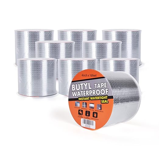 TAPEBEAR Butyl Tape Waterproof Sealing Tape Aluminum Foil Tape, for RV Repair, Window, Silicone, Glass & EDPM Roof Leak Patching, Boat and Pipe Sealing, Silver, 4inch x16feet,9rolls