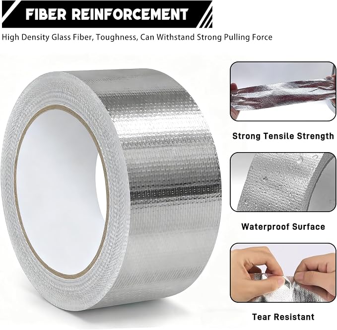 2" x 66 Ft Aluminum Foil Tape, 5.91 mil - Heavy Duty Heat Shield & Thermal Insulation Fiberglass Tape for HVAC Ductwork, Metal Ducts, Dryer Vents, AC Pipes, Exhaust Repair