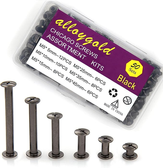 100 Pcs (50 Pair) Gun Black Phillips Chicago Binding Screws Assorted Kits,6 Sizes of Flat Head Rivet Hollow Binding Screws Posts, for Leather Saddles Purses Belt Repair（M5x5/10/15/25/35/45）