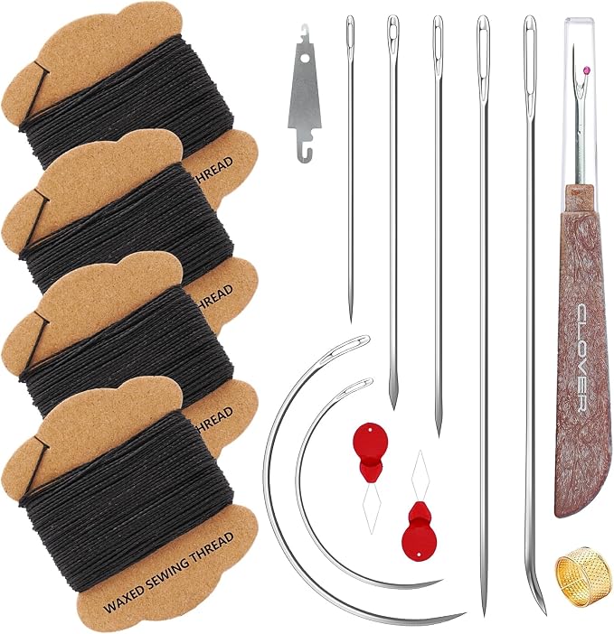 Upholstery Repair Kit: Extra Strong Waxed Sewing Thread 4 Rolls (Black Color) &Heavy Duty Household Hand Needles (7 PCS) for Leather, Canvas, Bookbinding & Quilting Thread