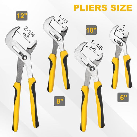 TOPLINE 4-Piece Groove Joint Pliers Set with Bi-Material Handles, 12-in, 10-in, 8-in and 6-in Included, Tongue and Groove Pliers Set for Plumbing Repair and Home Maintenance, Rolling Pouch Included