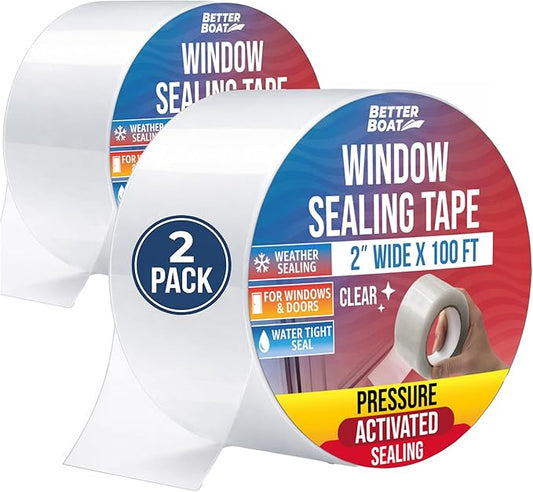 Window Sealing Tape Clear 2-Pack, 2 Inch x 100 FT Per Roll, Weather Seal for Windows, Doors and AC Units, Waterproof UV Resistant, Damage-Free Removal - Better Boat