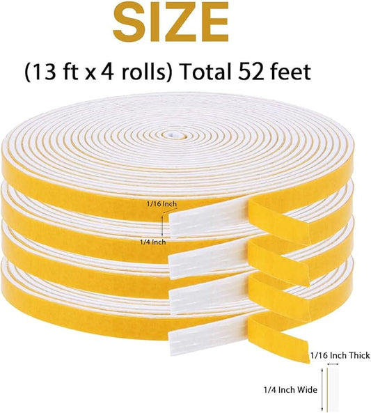 4 Rolls Weather Stripping for Doors, 1/4 Inch Wide X 1/16 Inch Thick Total 52 Feet Long Adhesive Soundproof Foam Seal Tape for Windows(13ft x 4 Rolls)