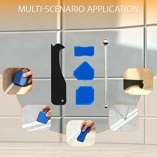 Caulk Gun Kit with Caulk Remover Tool – 3 in 1 Caulking Tool Set for Caulking Removal, Includes Smooth Silicone Caulking Gun, Scraper, Grout Balls, Finishing Tools for Bathroom Kitchen Window Tile