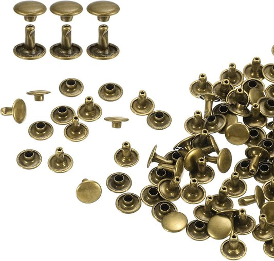 HARFINGTON 100 Sets Double Cap Leather Rivets, 9x8mm Round Cap Tubular Metal Studs Leather Crafting Rivets for Fabric Belt Pet Collar Boot Bag Repair and Decoration, Bronze