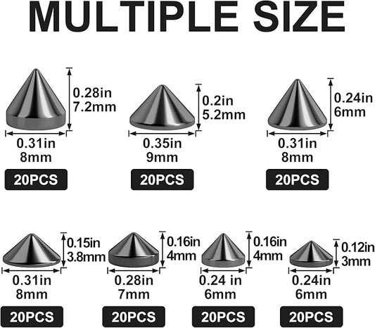 OIIKI 140PCS ABS Bullet Spike Cone Studs, 7 Styles Rivets Cone Spike Studs Beads, Flat Back Punk Spikes DIY Crafts Studs Glue on Decoration for Leather Clothes Belt Bags Jewelry Trims - Black