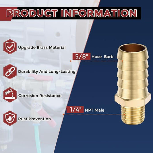 Pack of 6 Brass Hose Barb Fittings Adapter Connector 5/8" Hose Barb to 1/4" NPT Male Fittings for Home Machines, Massage Bathtubs, and Irrigation Systems