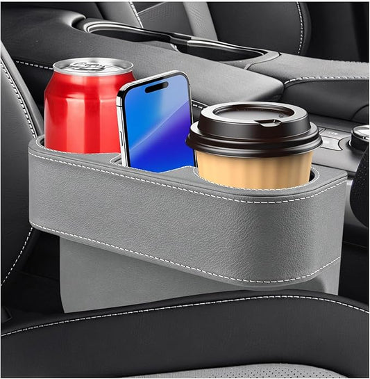 Car Cup Holder Gap Filler Organizer, Multifunctional Car Console Side Organizer with 2 Cup Holders, Leather Seat Gap Filler Portable Drink Holders Storage Box for Most Vehicles (Gray)