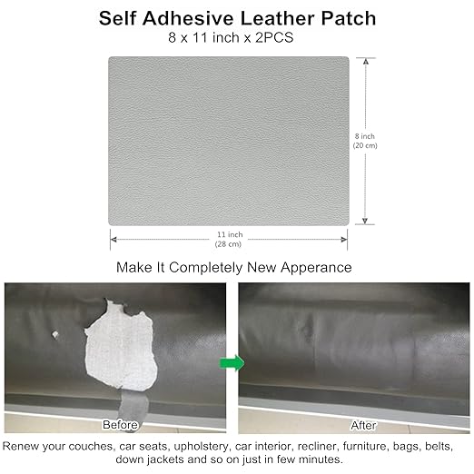 ILOFRI Leather Repair Patch 8x11 inch 2 Pcs, Durable Self Adhesive Vinyl and Leather Repair Kit for Couch, Car Seats, Boat Seat, Furniture, Upholstery, Auto Interior, Sofa, Chair - Light Grey #2