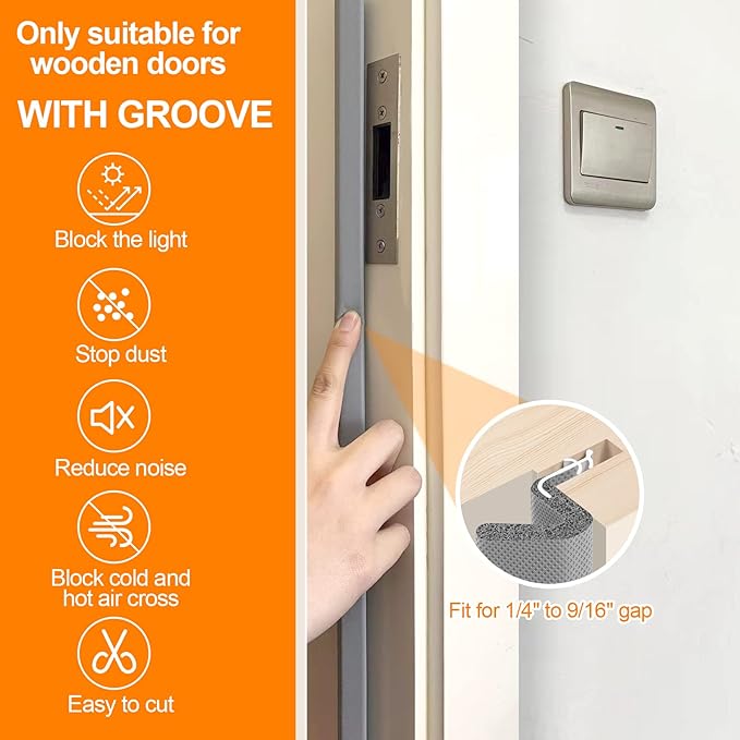 40FT Kerf V‑Shaped Weather Stripping Door Seal, Press‑in Seal for Pre‑Cut Slot Doors, Not Self‑Adhesive, Soundproof Draft Blocker for Exterior Front Doors, Fits Large Gaps, Easy DIY Install (Grey)