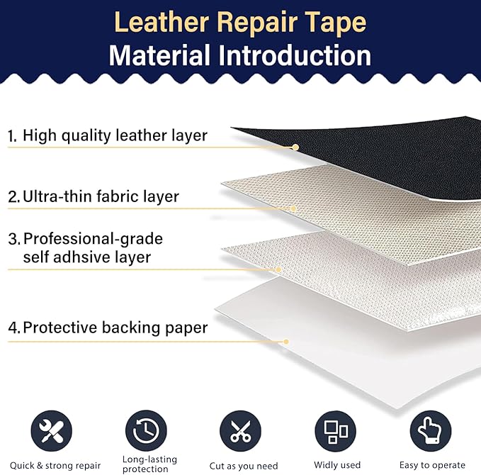 Zenyao Leather Repair Patch Tape - Self Adhesive Leather Repair Kit for Car Seat Furniture, Heavy Duty Vinyl Repair Patch for Couch Sofa, Waterproof for Rips Scratches Tears, 12x30 Inch Roll, Black